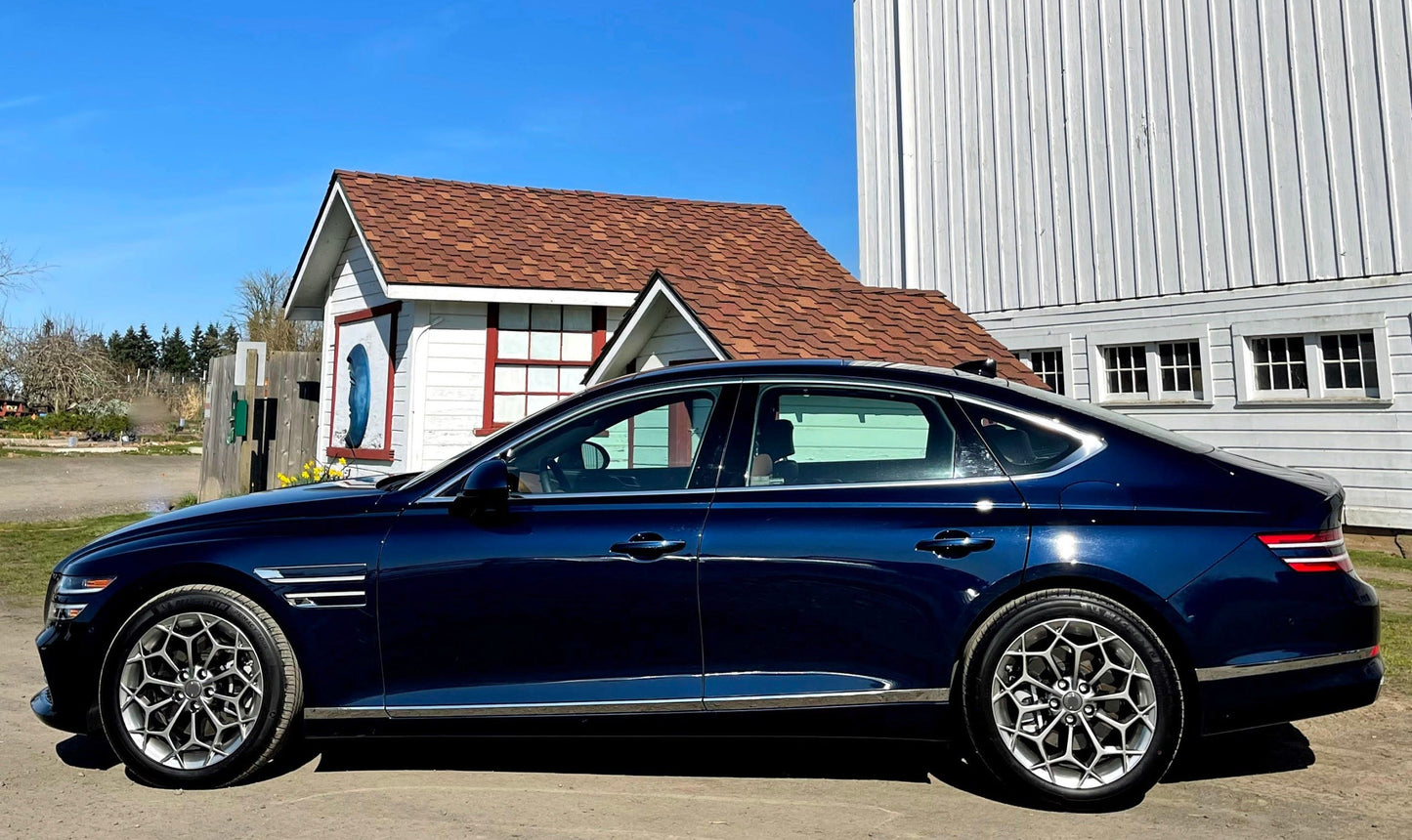 OEM GENESIS We manufacture premium quality forged wheels rims for GENESIS G80 RG3 2020+ in any design, size, color. Wheels size: Front 20 x 8.5 ET 43.5 Rear 20 x 9.5 ET 56 PCD: 5 x 114.3 CB: 67.1 Forged wheels can be produced in any wheel specs by your inquiries and we can provide our specs