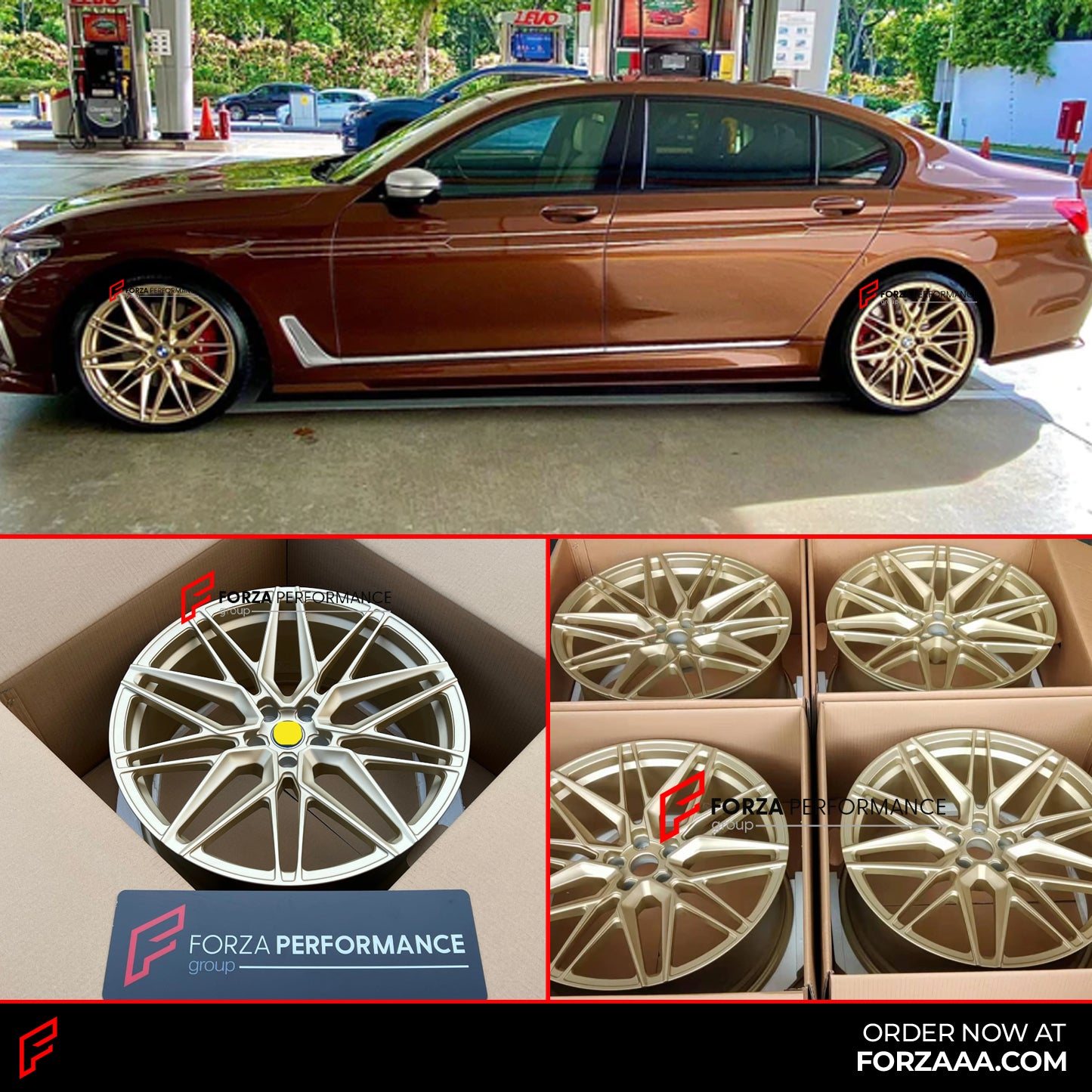 We produced premium quality forged wheels rims for BMW 7 SERIES G12 Our wheels sizes: Front 21 x 9 ET 25 Rear 21 x 10.5 ET 35 Finishing: Frozen Gold Forged wheels can be produced in any wheel specs by your inquiries and we can provide our specs