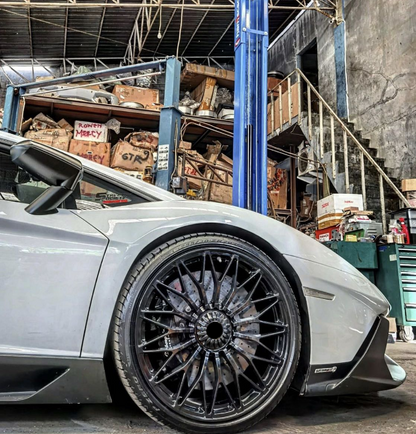 We produced premium quality forged wheels rims for  LAMBORGHINI AVENTADOR  Our wheels sizes:   Front 20 x 9 ET 32.2  Rear 21 x 13 ET 66.7  Finishing: Glossy Black  Forged wheels can be produced in any wheel specs by your inquiries and we can provide our specs