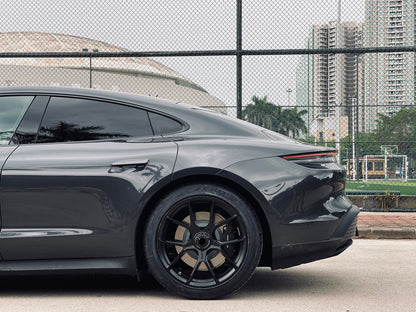 GT3 STYLE We produced premium quality forged wheels rims for  PORSCHE TAYCAN  Our wheels sizes:   Front 21 x 9.5 ET 60  Rear 21 x 11.5 ET 66  Finishing: Matt Black  Forged wheels can be produced in any wheel specs by your inquiries and we can provide our specs