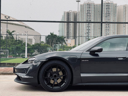 GT3 STYLE We produced premium quality forged wheels rims for  PORSCHE TAYCAN  Our wheels sizes:   Front 21 x 9.5 ET 60  Rear 21 x 11.5 ET 66  Finishing: Matt Black  Forged wheels can be produced in any wheel specs by your inquiries and we can provide our specs