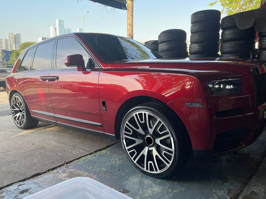 We produced premium quality forged wheels rims for  ROLLS ROYCE CULLINAN  Our wheels sizes:   Front 24 x 10 ET 20  Rear 24 x 10 ET 20  Finishing: Diamond Black  Forged wheels can be produced in any wheel specs by your inquiries and we can provide our specs