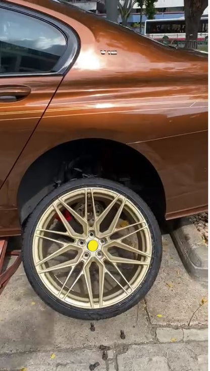 We produced premium quality forged wheels rims for  BMW 7 SERIES G12  Our wheels sizes:   Front 21 x 9 ET 25  Rear 21 x 10.5 ET 35  Finishing: Frozen Gold  Forged wheels can be produced in any wheel specs by your inquiries and we can provide our specs