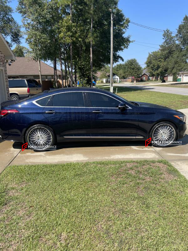 GENESIS G80 2018  Our wheels sizes:  Front 21 x 9 ET 40  Rear 21 x 10 ET 45  Finishing: Brushed Clear Coating + Blue Inserts